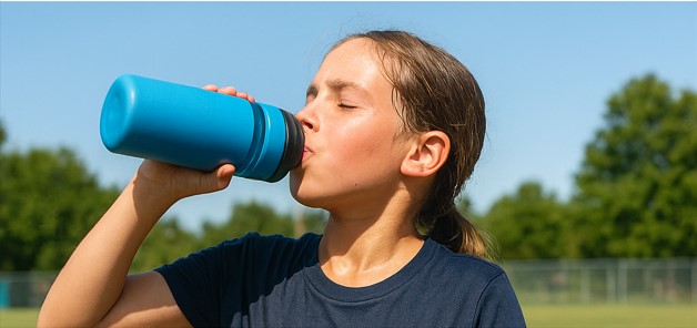 Kids cooling off with water bottle